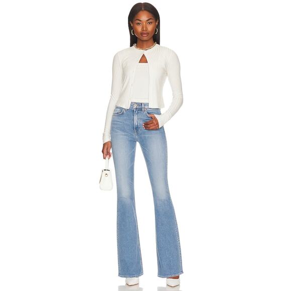 GRLFRND High Stretch Flare Jeans SIZE 24 Long Faded Light Button Fly $225 NEW - Picture 4 of 10